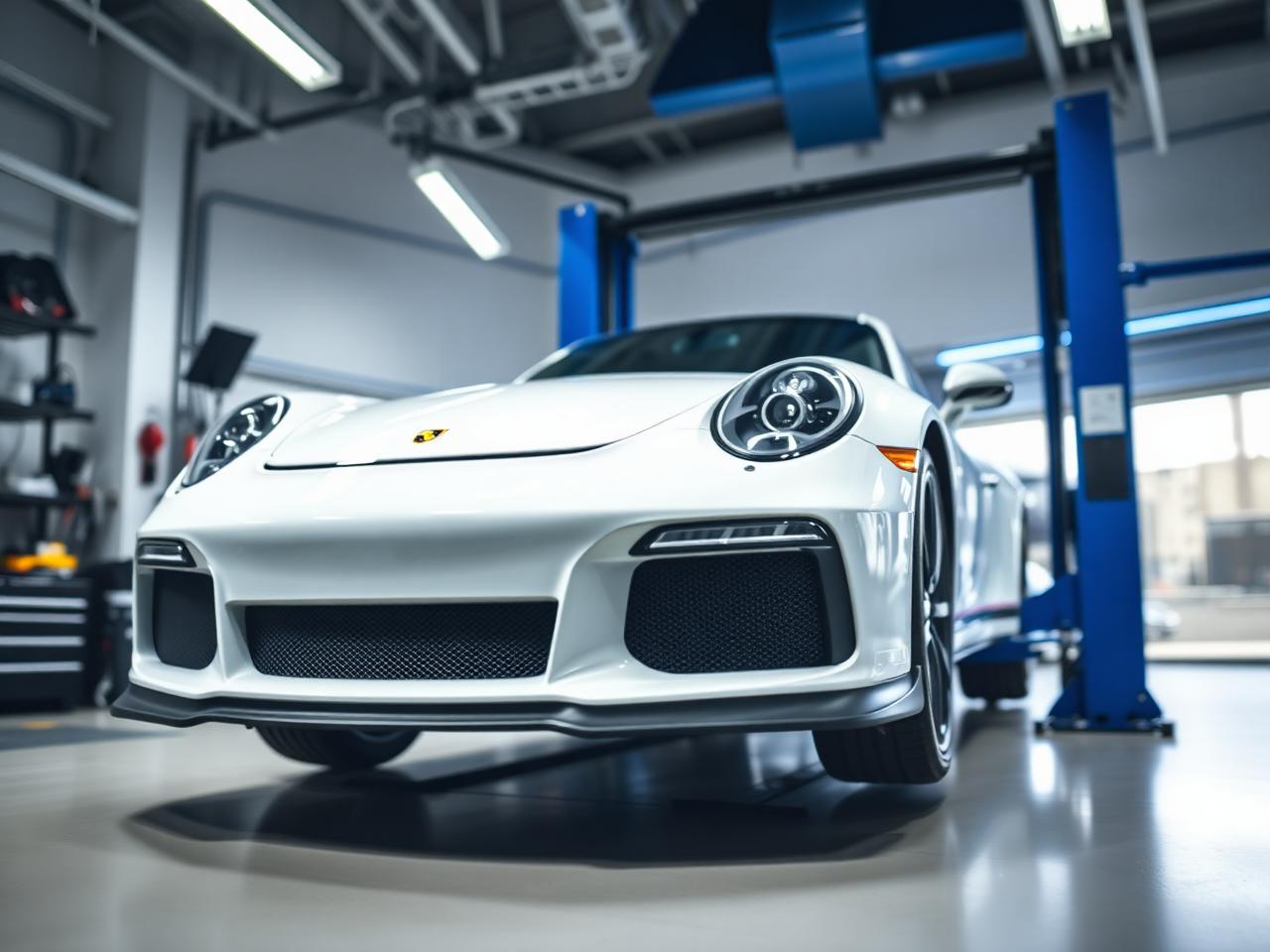 Modern auto workshop with a car on a lift